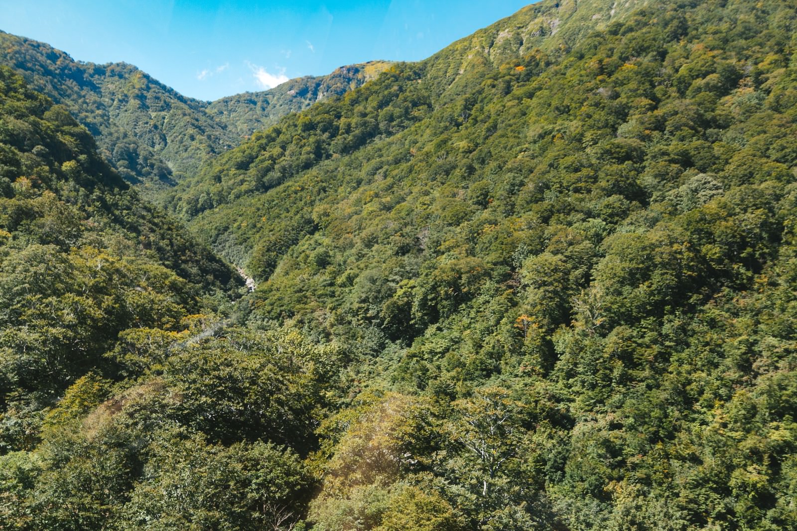 青空の下、新緑に覆われた谷川岳付近の山々と深い谷間