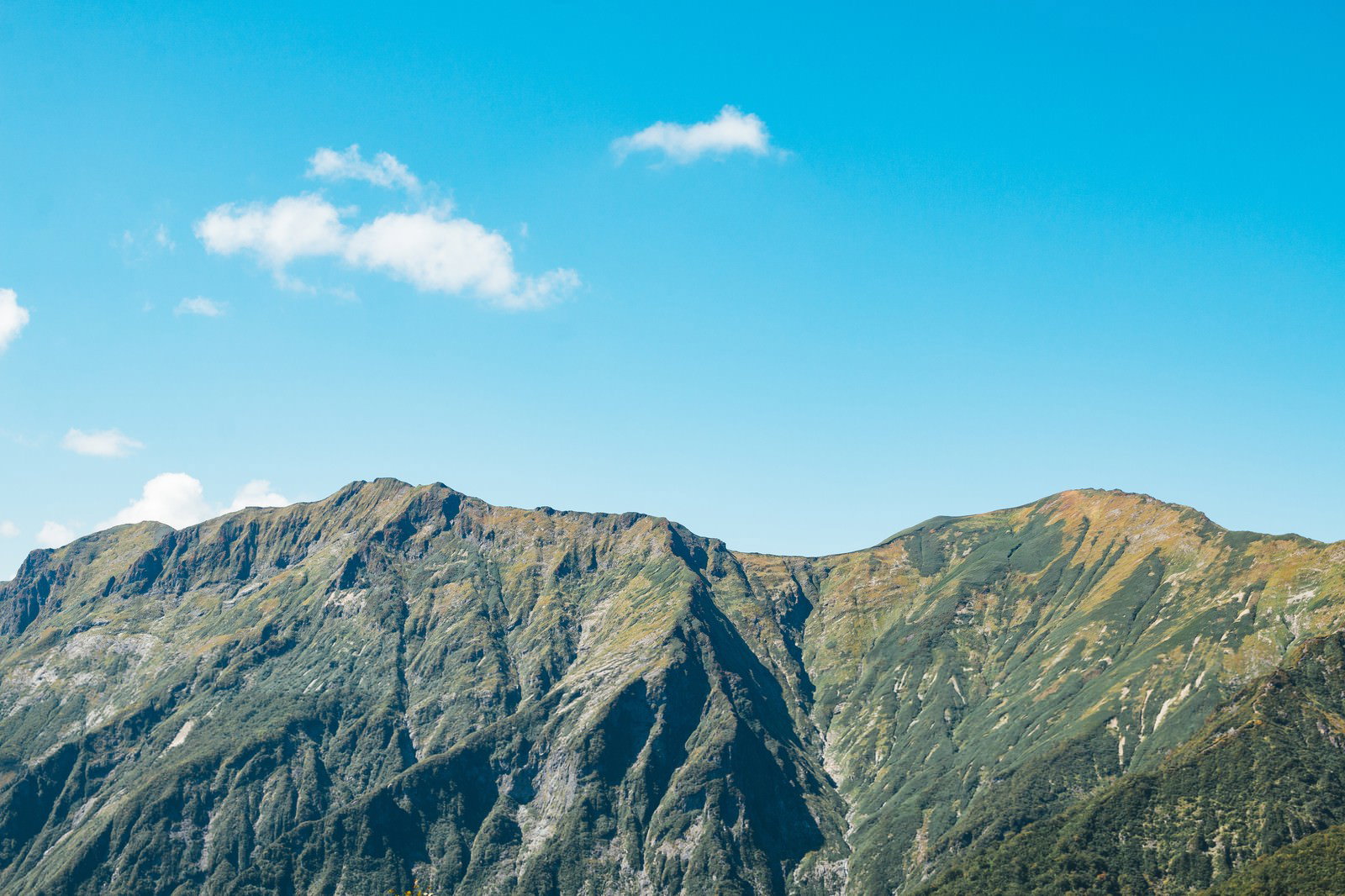 青空の下に岩壁と緑の峰が並ぶ谷川岳