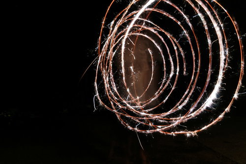 暗闇の中でぐるぐる回転する火花の光の軌跡