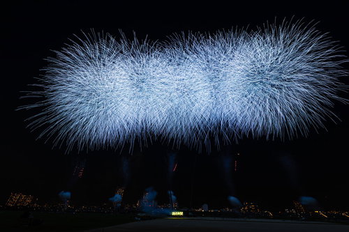 江戸川区花火大会で同時に炸裂する打上花火