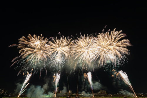 速射連発花火・スターマインが夜空に華やかに開花する光景