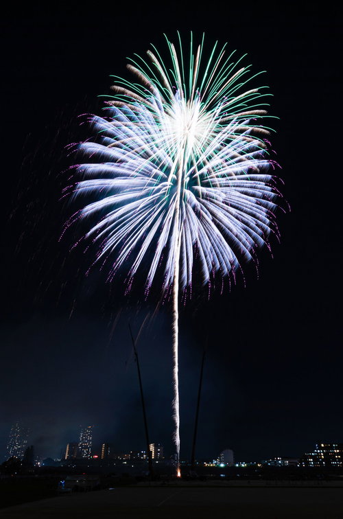 打上花火ドカーン、夜空に白と青の光が放射状に広がる