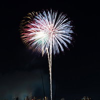 夜空に高々と打ち上がる白と赤の花火が放射状に広がる光景の写真