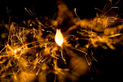 暗闇の中でスパークする線香花火の光跡と火花の軌跡