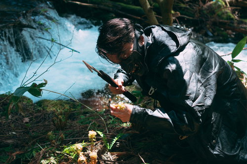 暗い森で刃物を持ち山菜を刈り取る山賊の男性