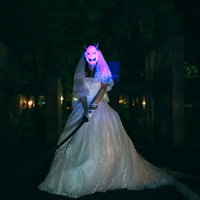 夜道に反射面が光る般若の面をつけた鬼嫁が刀を握るの写真