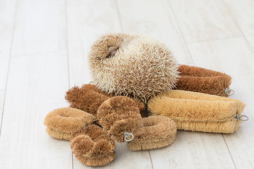 茶色いタワシとハリネズミを白い床に並べた比較