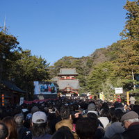 初詣で鶴岡八幡宮の本宮に参拝する行列と参拝客の様子の写真