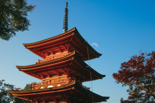 青空に映える朱色の五重塔と緑の木々が調和した日本の伝統寺院風景