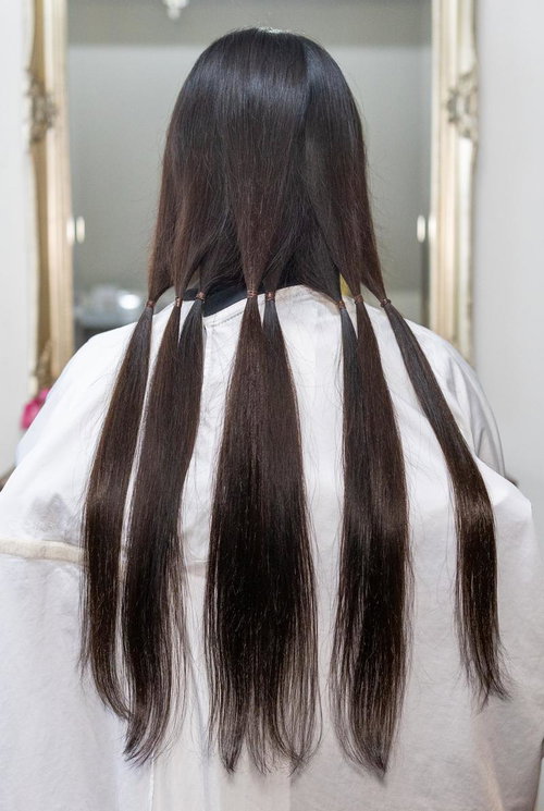 ヘアドネーション用に4つの束に分けられた長い黒髪