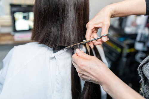 ヘアドネーション用の長い黒髪をハサミでカットする美容師の手元