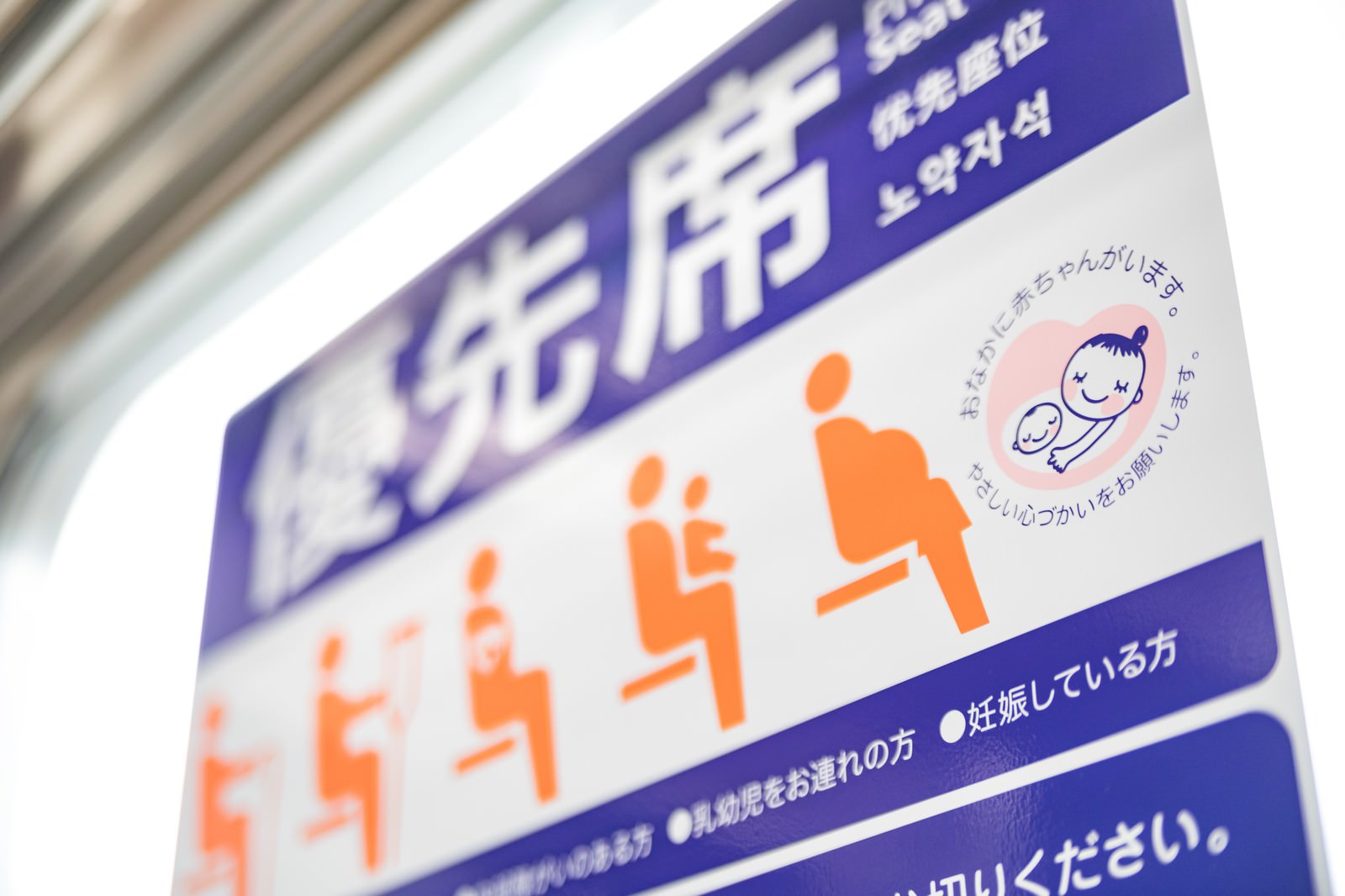 電車内の紫色の優先席案内とオレンジ色のヘルプマークが表示された車内