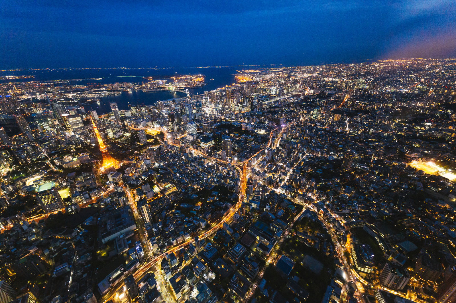 東京タワーを中心とした都市景観の夜景を空撮した写真