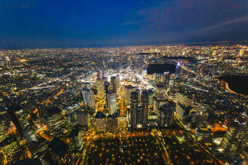 上空から見た東京スカイツリーと夜景