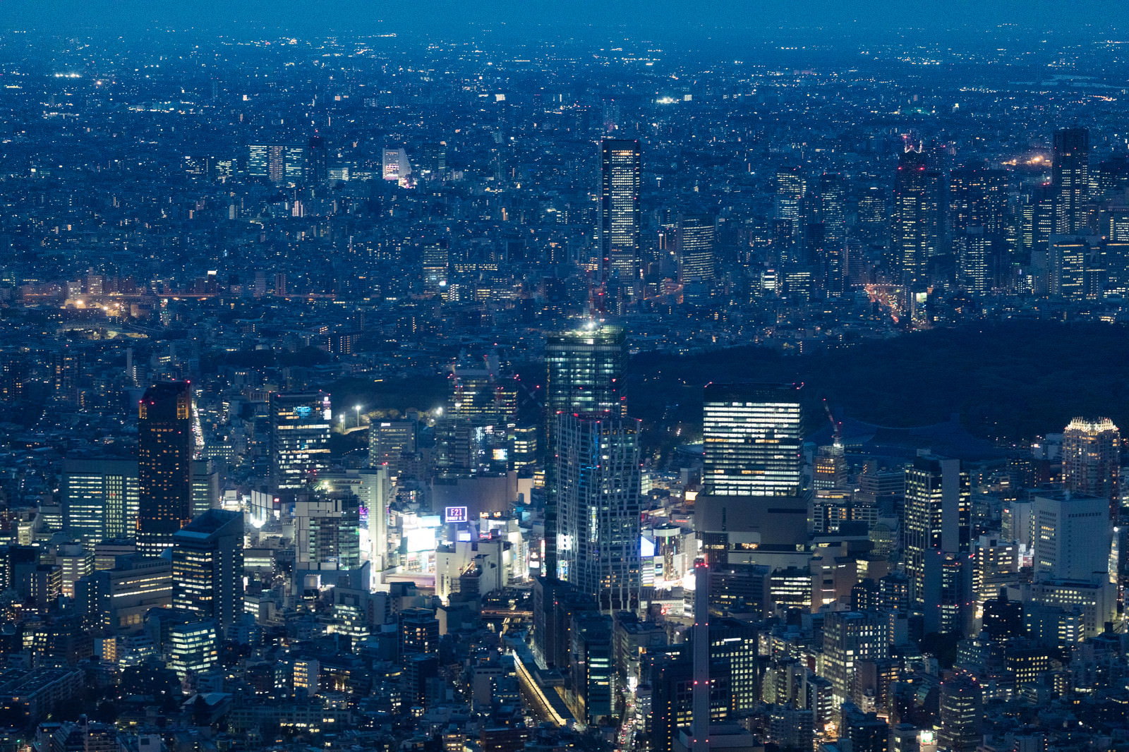 夜の渋谷付近を空撮した都市景観、高層ビル群が光る夜景