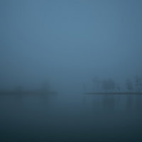 靄に包まれた湖畔の夜明けの写真