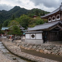 厳島神社の境内を流れる水路と石垣、社殿周辺の風景の写真