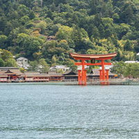 広島県の厳島神社と海上の大鳥居の写真