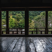 広島の神社境内で木製柱越しに望む緑豊かな木々の風景の写真