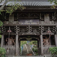 大本山大聖院の参道へ続く石造りの門と長い石段の写真