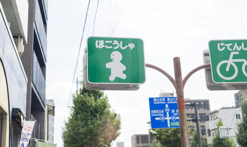 住宅街の交差点に設置された緑色の歩行者・自転車専用案内標識