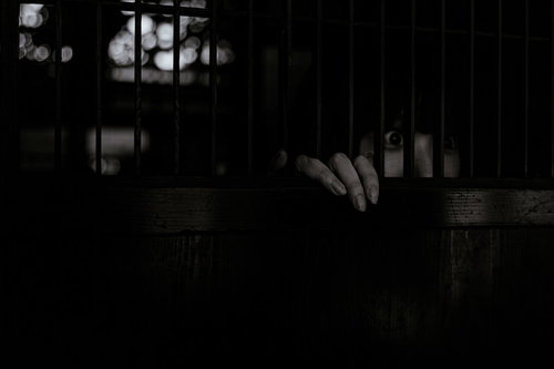 暗闇で格子戸越しに惨劇を目撃する女性の恐怖の瞬間