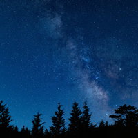 山奥から見える天の川と星雲、樹木のシルエットの写真