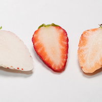 三種類のいちごの断面カット、赤い果肉と種の配置の写真