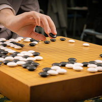 囲碁の対局で耳赤の一手を探る～木製碁盤での黒石と白石の緊迫した局面の写真