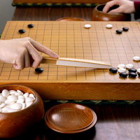 扇子を使って盤面を解説するプロ棋士の指導碁の写真