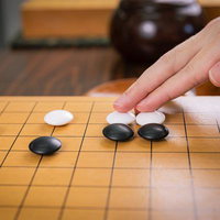 白石を一路下からすべらせて打つ囲碁の対局の写真