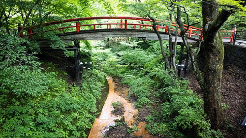 新緑に包まれた伊香保温泉の河鹿橋