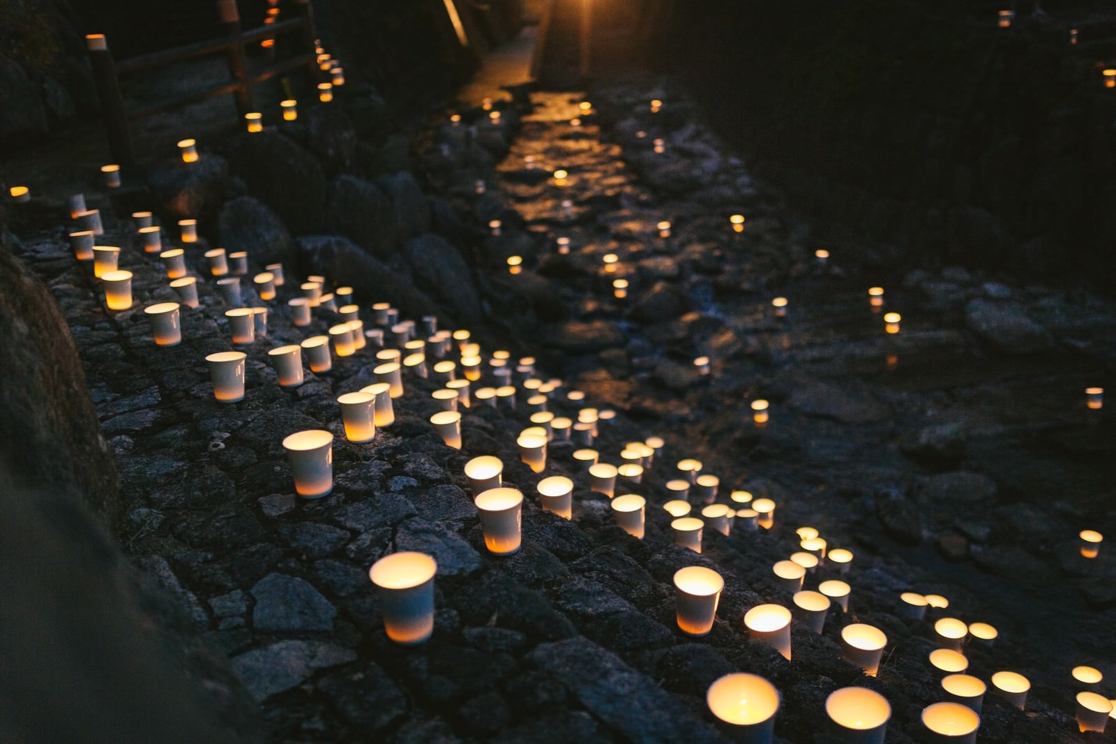 川沿いに灯ろうが並ぶボシ灯ろう祭りの夜景