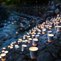 佐賀県伊万里市大川内山の夜間の石段に並ぶボシ灯ろうまつりの灯火の写真