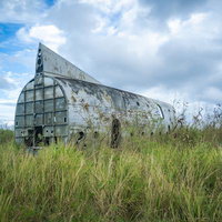 周囲を雑草に囲まれた米軍墜落機（C-124）の写真