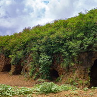 草に覆われた崖に残る戦車壕又は魚雷整備壕の写真