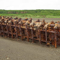 隆起によって2021年よりも大きく露出した翁浜の沈船のエンジンの写真