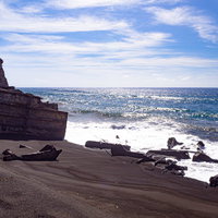 瓦礫が散らばる浜辺に寄せて白く泡立つ波の写真