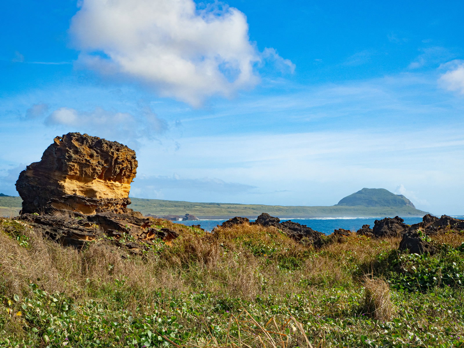 View of Mount Suribachi from Kamiiwa Rock on the Iwo Jima coastline
