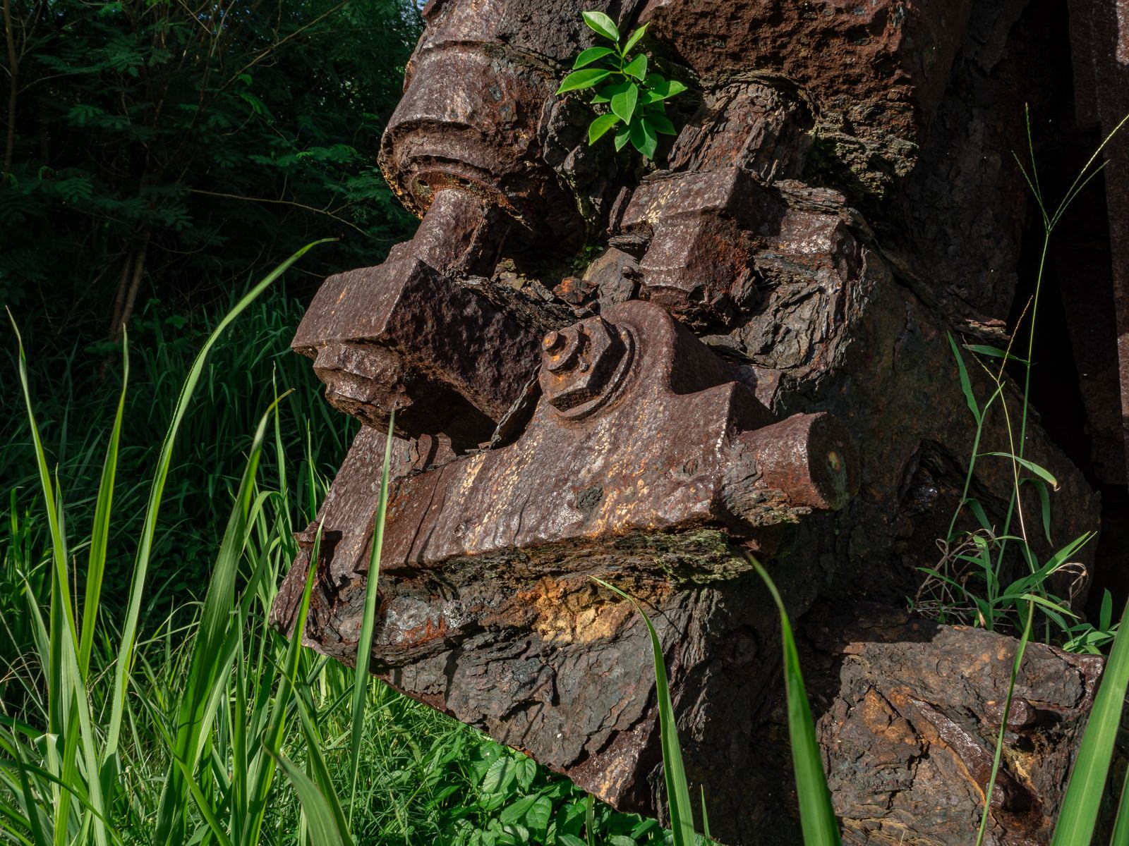 硫黄島に残る錆び付いた高角砲閉鎖機と周囲の緑の植物