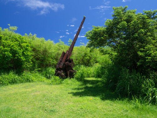 美しい青空と緑の中に立つ錆びつき壊れた高角砲
