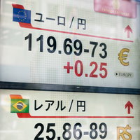 ユーロ/円の為替レートを表示する電光掲示板モニターの写真