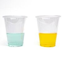 透明カップに入った緑と黄色の液体、除草剤と実験薬品の写真