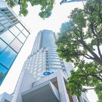 渋谷セルリアンタワーを見上げる緑の街路樹とビルの写真