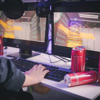 ゲームしながらピンモンをがぶ飲みするゲーマーの写真