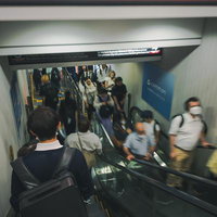 渋谷駅の副都心線で乗り降りする利用客で混雑する上下エスカレーターの写真