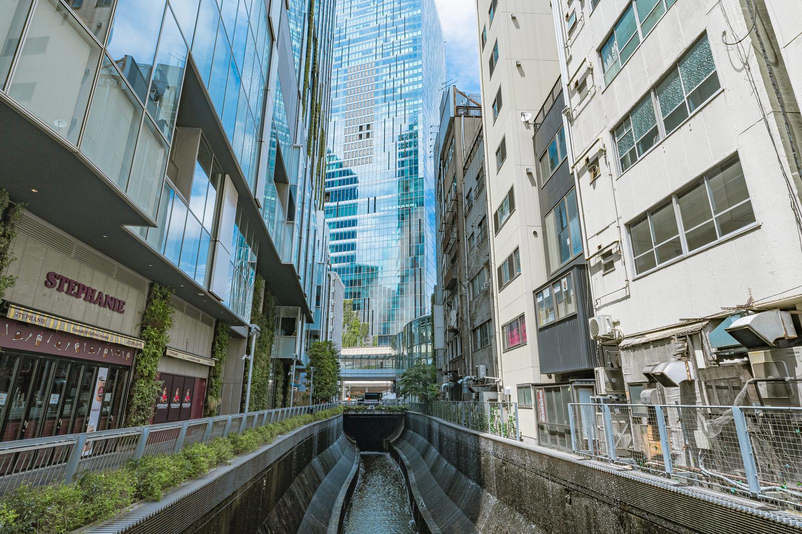 渋谷川の運河沿いに立ち並ぶ高層ビルと古い建物、渋谷の都市開発風景
