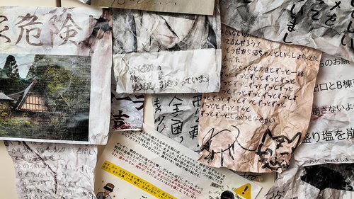 壁に貼られた怪文書の数々の写真
