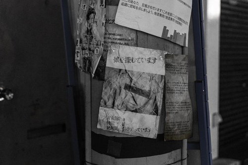 モノクロで撮影された怪文書が貼られた電柱