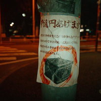 深夜の電柱に貼られた謎の怪文書と警告文の貼り紙の写真